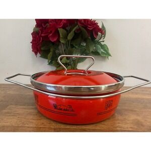 Vintage Silta Italy Egyptian Revival Red Enamel Casserole Warming Dish Retro